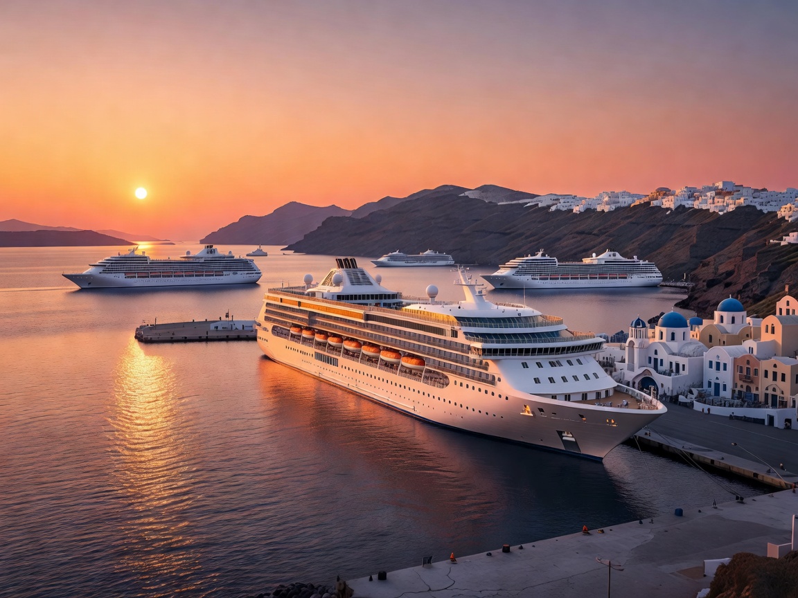 Greek Isles Santorini cruise ship port and Mediterranean sunset view