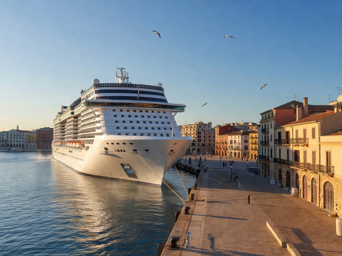 MSC World Europa cruise ship docked at a Mediterranean harbor