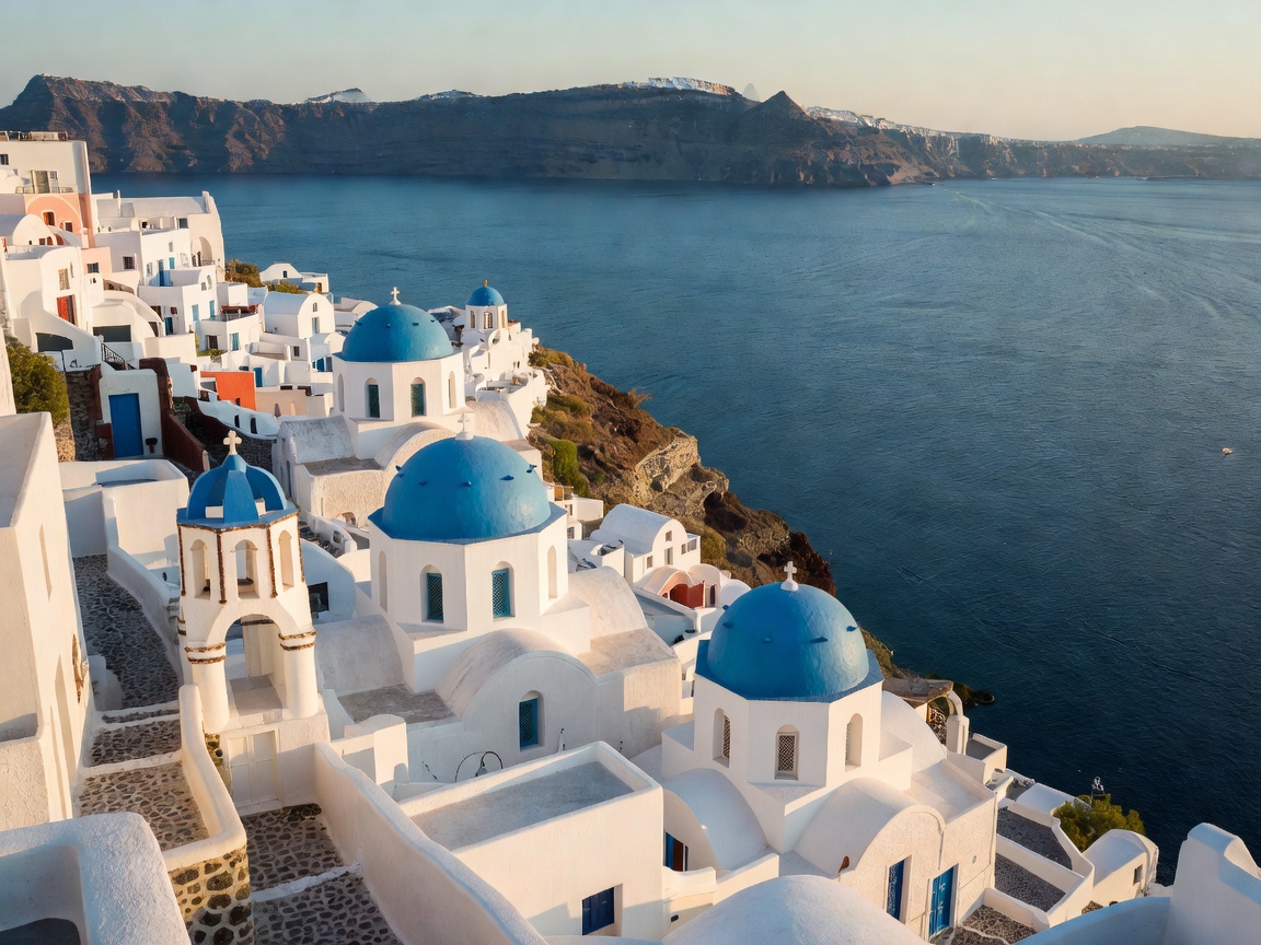 Santorini Greek island whitewashed buildings with blue domes overlooking Aegean sea